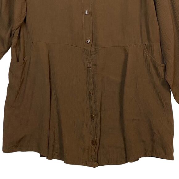 Flax Brown Button Up Long Sleeve Lagenlook Tunic Top Size Small - Picture 3 of 7